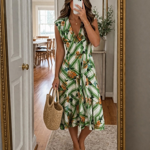 Maeve Green, White & Orange Floral dress with Cap Sleeves - Picture 7 of 9